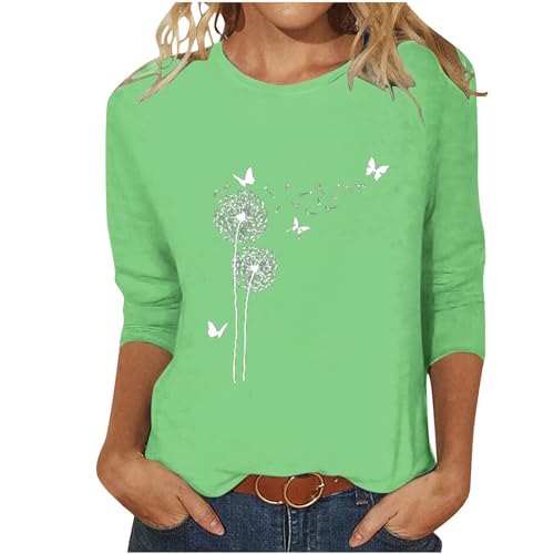 Elegant Bluse Damen Slim Fit T-Shirt 3/4 Ärmel Longshirt Sommer Casual Oberteile Baumwolle Leicht Tunika Tops Mode Rundhals Wickelbluse Löwenzahn Muster Sommershirts Frauen Sportshirt von EMATOP