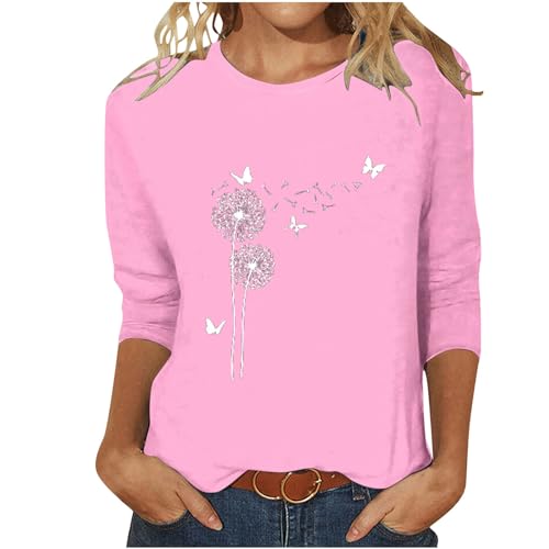 Elegant Bluse Damen Slim Fit T-Shirt 3/4 Ärmel Longshirt Sommer Casual Oberteile Baumwolle Leicht Tunika Tops Mode Rundhals Wickelbluse Löwenzahn Muster Sommershirts Frauen Sportshirt von EMATOP