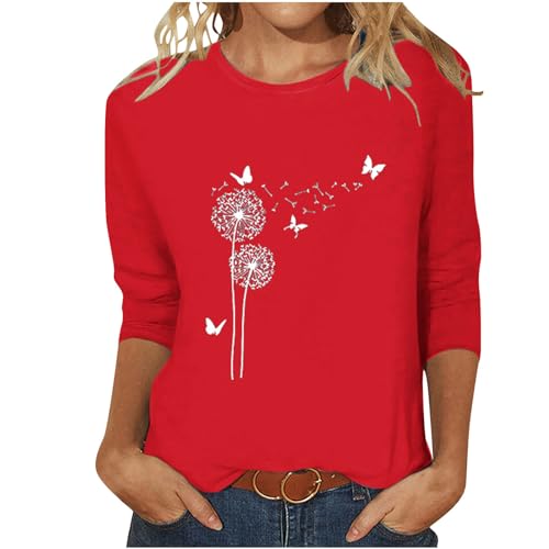 Elegant Bluse Damen Slim Fit T-Shirt 3/4 Ärmel Longshirt Sommer Casual Oberteile Baumwolle Leicht Tunika Tops Mode Rundhals Wickelbluse Löwenzahn Muster Sommershirts Frauen Sportshirt von EMATOP