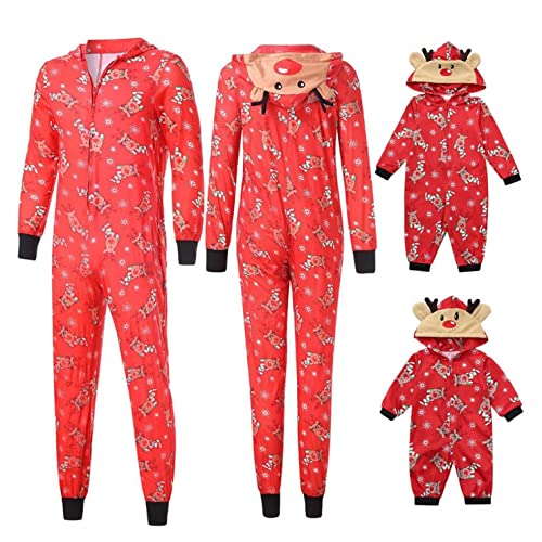 EMATOP Familien Weihnachts Jumpsuit Onesie Schlafanzug Rentier Aufdruck Pyjamas Set Damen Herren Kinder Baby Nachtwäsche mit Kapuze Overall Weich Bequem Hausanzug Lang Lässig Weihnachtsanzug von EMATOP