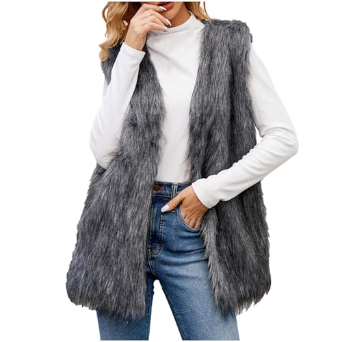 EMATOP Fell Weste Damen Warm Pelzmantel Ärmellos Elegant Fellmantel Lang Vintage Pelzjacke Steppweste Casual Kunstfell Jacke Fellweste Einfarbig Mode Pelzweste Herbst Winter Pelzjacke Mantel von EMATOP