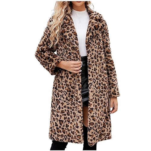 EMATOP Fellmantel Damen Oversize Lang Pelzmantel Faux Fur Kunstfell Jacke Warm Kunstpelz Felljacke Elegant Flauschige Cardigan Leoparden Druck Mantel Herbst Winter Winddicht Fleecejacke Outwear von EMATOP