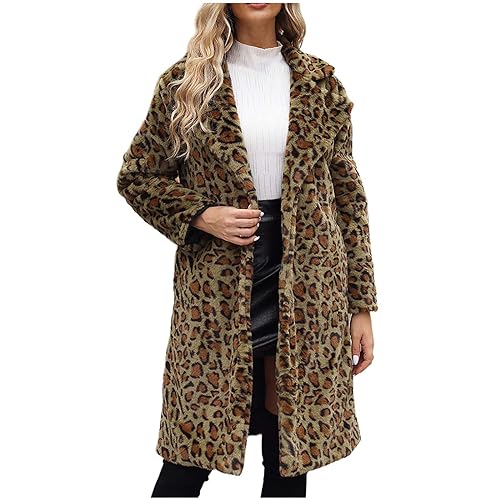 EMATOP Fellmantel Damen Oversize Lang Pelzmantel Faux Fur Kunstfell Jacke Warm Kunstpelz Felljacke Elegant Flauschige Cardigan Leoparden Druck Mantel Herbst Winter Winddicht Fleecejacke Outwear von EMATOP