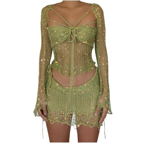 EMATOP Festival Outfit Damen Party Zweiteiler Pailletten Rock und Gehäkelte Oberteile Set 2-Teilige Ausgehöhltes Crop Tops mit Bodycon Minirock Streetwear Glitzer Abendparty Outfits Y2K Kleidung von EMATOP