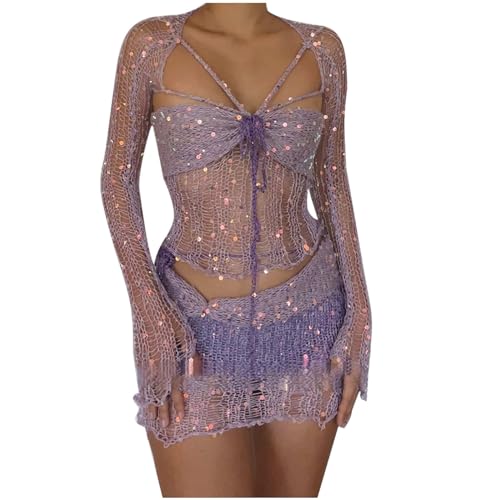 EMATOP Festival Outfit Damen Party Zweiteiler Pailletten Rock und Gehäkelte Oberteile Set 2-Teilige Ausgehöhltes Crop Tops mit Bodycon Minirock Streetwear Glitzer Abendparty Outfits Y2K Kleidung von EMATOP
