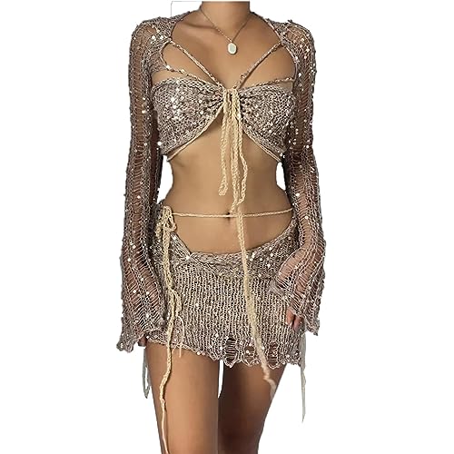 EMATOP Festival Outfit Damen Party Zweiteiler Pailletten Rock und Gehäkelte Oberteile Set 2-Teilige Ausgehöhltes Crop Tops mit Bodycon Minirock Streetwear Glitzer Abendparty Outfits Y2K Kleidung von EMATOP