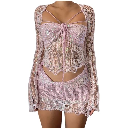 EMATOP Festival Outfit Damen Party Zweiteiler Pailletten Rock und Gehäkelte Oberteile Set 2-Teilige Ausgehöhltes Crop Tops mit Bodycon Minirock Streetwear Glitzer Abendparty Outfits Y2K Kleidung von EMATOP