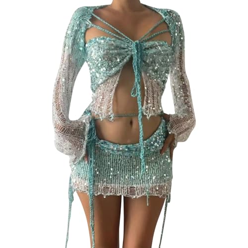 EMATOP Festival Outfit Damen Party Zweiteiler Pailletten Rock und Gehäkelte Oberteile Set 2-Teilige Ausgehöhltes Crop Tops mit Bodycon Minirock Streetwear Glitzer Abendparty Outfits Y2K Kleidung von EMATOP
