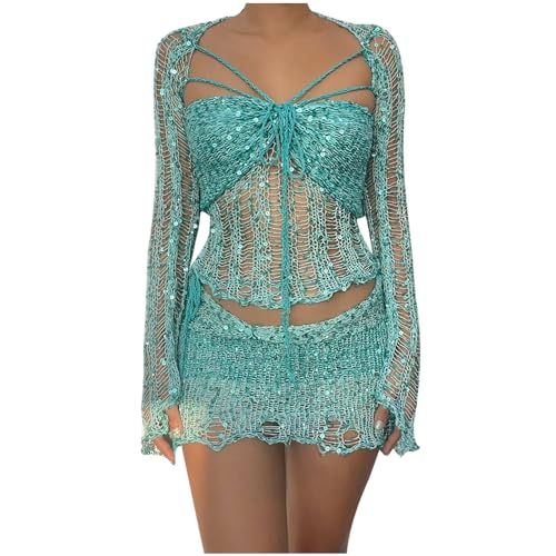EMATOP Festival Outfit Damen Party Zweiteiler Pailletten Rock und Gehäkelte Oberteile Set 2-Teilige Ausgehöhltes Crop Tops mit Bodycon Minirock Streetwear Glitzer Abendparty Outfits Y2K Kleidung von EMATOP