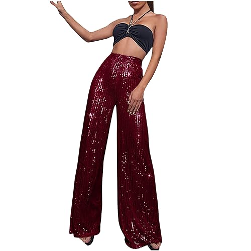 EMATOP Festliche Hosen Damen Elegant Glitzer Schlaghose Lang Hoher Taille Jogginghose Lässig Baggy Yogahose Lose Lounge Weite Hose Outdoor Jogpants Trainingshose Elastische Taille Freizeithose von EMATOP