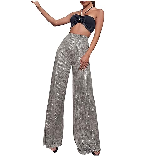 EMATOP Festliche Hosen Damen Elegant Glitzer Schlaghose Lang Hoher Taille Jogginghose Lässig Baggy Yogahose Lose Lounge Weite Hose Outdoor Jogpants Trainingshose Elastische Taille Freizeithose von EMATOP