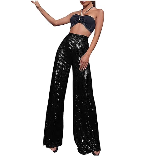 EMATOP Festliche Hosen Damen Elegant Glitzer Schlaghose Lang Hoher Taille Jogginghose Lässig Baggy Yogahose Lose Lounge Weite Hose Outdoor Jogpants Trainingshose Elastische Taille Freizeithose von EMATOP