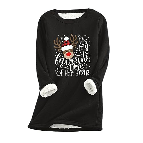 EMATOP Fleece Pullover Damen Winter Warme Weihnachtspullover Baumwolle Sport Unterhemd Sweatshirt Plus Dicker Samt Weihnachtspulli Lustig Rentier Langarmshirt Black Friday 2023 von EMATOP