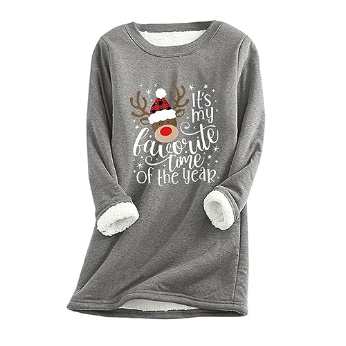 EMATOP Fleece Pullover Damen Winter Warme Weihnachtspullover Baumwolle Sport Unterhemd Sweatshirt Plus Dicker Samt Weihnachtspulli Lustig Rentier Langarmshirt Black Friday Sale von EMATOP