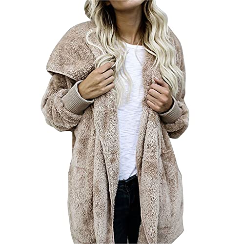 EMATOP Fleecejacke Damen Lang Kuschelig Plüschjacke Warm Einfarbig Hoodie Jacke Oversize Strickjacke mit Kapuze Sweatshirt Herbst Winter Plüsch Kapuzenjacke Weich Bequem Winterjacke Outwear von EMATOP