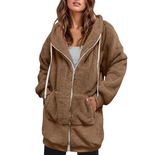 EMATOP Fleecejacke Damen Lange Baumwolle Sweatjacke Casual Langarm Pullover mit Kapuze Sweatshirt Jacke Warm Teddy Flauschjacke Lose Einfarbig Kapuzenjacke Herbst Winter Sport Plüschjacke von EMATOP