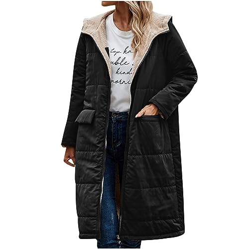 EMATOP Fleecejacke Damen Warm Gefüttert Steppjacke Lang Baumwolle Daunenjacke Lässiges Einfarbig Wintermantel mit Kapuze Parka Jacke Leicht Elegant Pufferjacke Winddicht Kälteschutz Wanderjacke von EMATOP