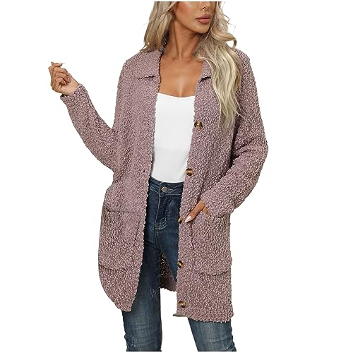 EMATOP Fleecejacke Damen Warm Langarm Strickjacke Casual Revers Strickpullover Elegant Leicht Cardigan Lang Einfarbig Jacke mit Taschen Knöpfe Strickmantel Kuschelig Wollemantel Herbst Winter von EMATOP