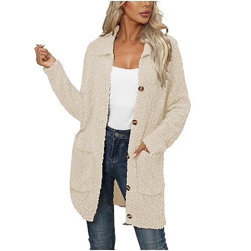 EMATOP Fleecejacke Damen Warm Langarm Strickjacke Casual Revers Strickpullover Elegant Leicht Cardigan Lang Einfarbig Jacke mit Taschen Knöpfe Strickmantel Kuschelig Wollemantel Herbst Winter von EMATOP