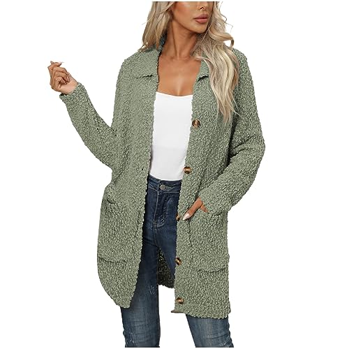 EMATOP Fleecejacke Damen Warm Langarm Strickjacke Casual Revers Strickpullover Elegant Leicht Cardigan Lang Einfarbig Jacke mit Taschen Knöpfe Strickmantel Kuschelig Wollemantel Herbst Winter von EMATOP