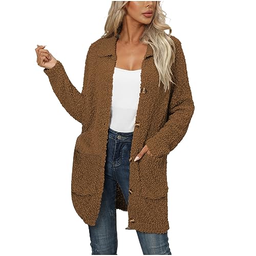 EMATOP Fleecejacke Damen Warm Langarm Strickjacke Casual Revers Strickpullover Elegant Leicht Cardigan Lang Einfarbig Jacke mit Taschen Knöpfe Strickmantel Kuschelig Wollemantel Herbst Winter von EMATOP