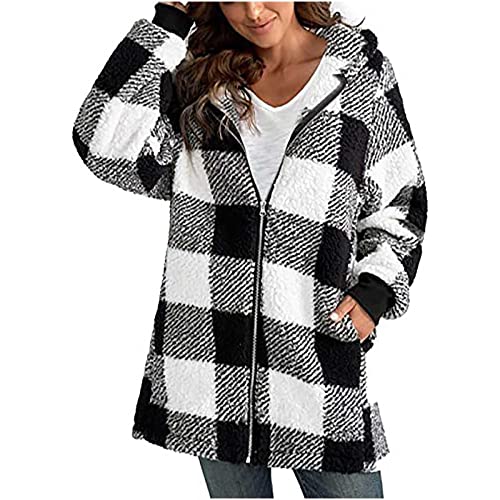 EMATOP Fleecejacke Damen Winter Warm Mantel Baumwolle Langarm Wolljacke mit Kapuze Winterjacke Lang Kariertes Jacke Teddy Fleece Wollmantel Taschen Reißverschluss Wintermantel Trenchcoat von EMATOP