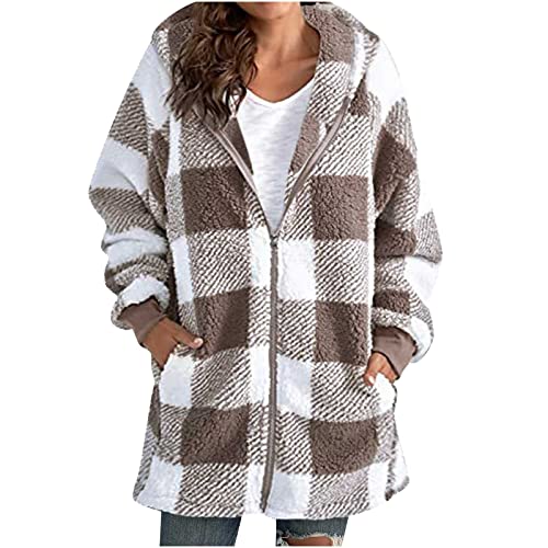 EMATOP Fleecejacke Damen Winter Warm Mantel Baumwolle Langarm Wolljacke mit Kapuze Winterjacke Lang Kariertes Jacke Teddy Fleece Wollmantel Taschen Reißverschluss Wintermantel Trenchcoat von EMATOP