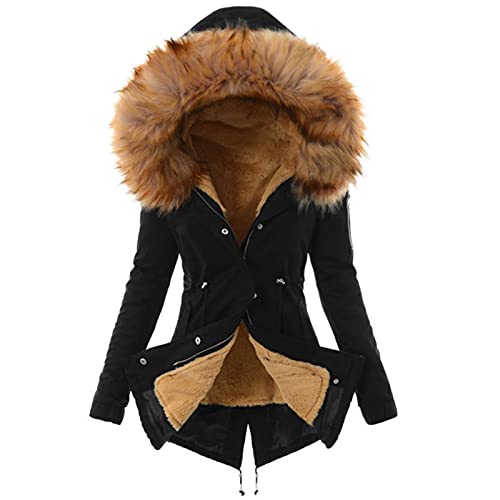 EMATOP Frauen Wintermantel Warme Winter Jacke Lange Mäntel Einfarbig Winterjacke mit Kapuze Windbreaker Gefüttert Teddyfell Dicker Fleecejacke Mode Outdoorjacke Slim fit Winterparka Mantel von EMATOP