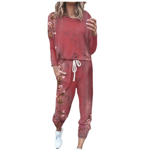 EMATOP Freizeitanzug Damen Baumwolle Casual Jogginganzug Zweiteiler Outfit Langarm Sweatshirt und Jogginghose Sportanzug Vintage Blumen Druck Trainingsanzug mit Taschen Tracksuit Workout Set von EMATOP