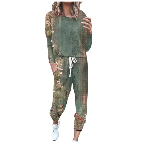 EMATOP Freizeitanzug Damen Baumwolle Casual Jogginganzug Zweiteiler Outfit Langarm Sweatshirt und Jogginghose Sportanzug Vintage Blumen Druck Trainingsanzug mit Taschen Tracksuit Workout Set von EMATOP