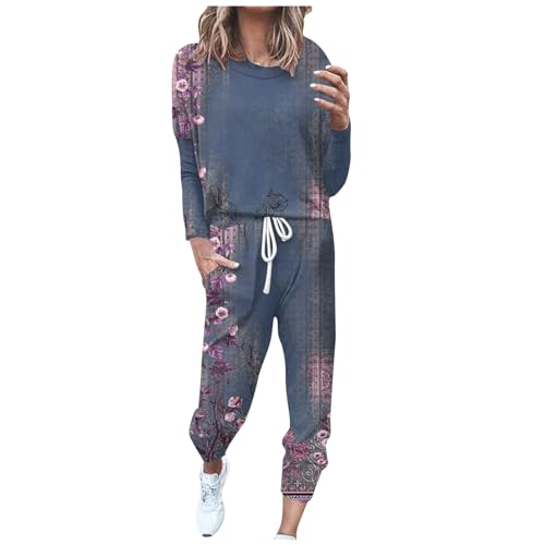 EMATOP Freizeitanzug Damen Baumwolle Casual Jogginganzug Zweiteiler Outfit Langarm Sweatshirt und Jogginghose Sportanzug Vintage Blumen Druck Trainingsanzug mit Taschen Tracksuit Workout Set von EMATOP