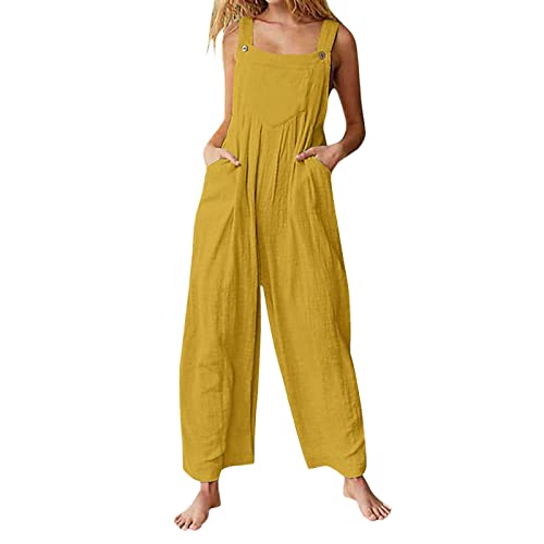 EMATOP Freizeithose Damen Sommer Baumwolle Jumpsuits Leinen Elegant Latzhosen Årmellos Lang Playsuit Leicht Weites Bein Sommerhose mit Taschen Overalls Einfarbig Mode Arbeitshose für Frauen von EMATOP