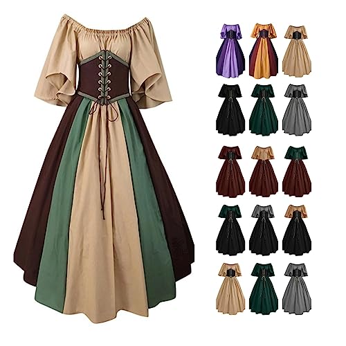 EMATOP Gothic Kleider Damen Halloween Karneval Kostüm Vintage Kurzarm Mittelalter Kleid Retro Renaissance Mittelalterkleid Bound Waist Elegantes Partykleid Lang Farbblock Abendkleid Ballkleid von EMATOP