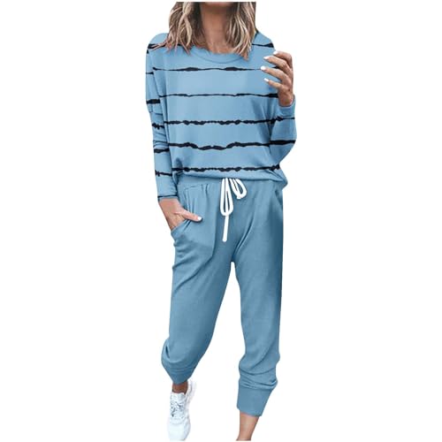 EMATOP Hausanzug Damen Baumwolle Lang Jogginganzug Zweiteiler Langarm Sweatshirt und Hose Trainingsanzug Casual Sport Tracksuit Mode Streifen Freizeitanzug Sommer Yoga Outfit befristetes angebot von EMATOP