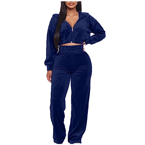 EMATOP Hausanzug Damen Casual Sport Tracksuit Einfarbig Zweiteiler Outfit Satin Langarm Jogginganzug 2-Teilige Sweatshirt Jacke mit Kapuze Freizeitanzug und Hose Trainingsanzug Workout Set von EMATOP