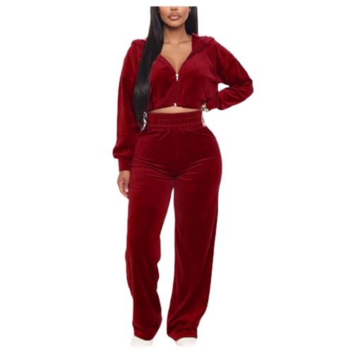 EMATOP Hausanzug Damen Casual Sport Tracksuit Einfarbig Zweiteiler Outfit Satin Langarm Jogginganzug 2-Teilige Sweatshirt Jacke mit Kapuze Freizeitanzug und Hose Trainingsanzug Workout Set von EMATOP