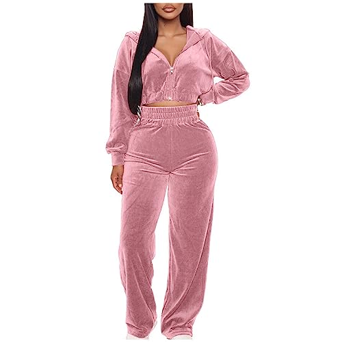 EMATOP Hausanzug Damen Casual Sport Tracksuit Einfarbig Zweiteiler Outfit Satin Langarm Jogginganzug 2-Teilige Sweatshirt Jacke mit Kapuze Freizeitanzug und Hose Trainingsanzug Workout Set von EMATOP