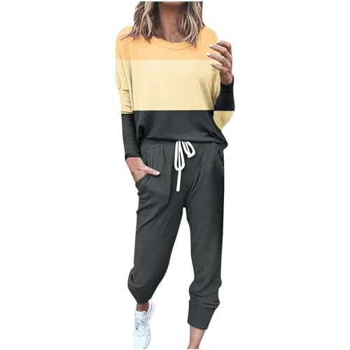 EMATOP Hausanzug Damen Zweiteiler Hose und Langarm Tops Winter Elegant Freizeitanzug Set Casual Einfarbig Outfit Klassisch Farbblock Sportanzug Baumwolle Jogginganzug angebote des tages heute deal von EMATOP