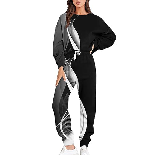 EMATOP Hausanzug Damen Zweiteiler Langarm Tops und Hose Freizeitanzug Set Winter Elegant Sweatshirt Sporthose Outfit Casual Einfarbig Traingsanzug Neuartige Drucke Freizeitanzug Tracksuit von EMATOP