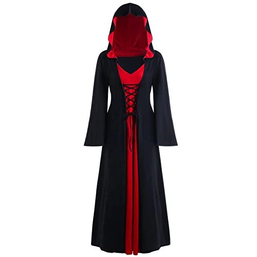 EMATOP Helloween Kostüme für Frauen Kleider Hexen Gothic Kleidung Damen Langarm Vampir Kleid Schwarz Robe Abendkleid für Cosplay Umhang Kleider mit Kapuze Schnürung Vintage Pullover Hoodie von EMATOP