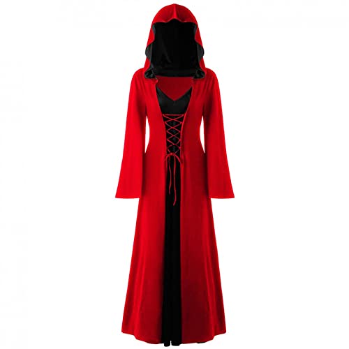 EMATOP Helloween Kostüme für Frauen Kleider Hexen Gothic Kleidung Damen Langarm Vampir Kleid Schwarz Robe Abendkleid für Cosplay Umhang Kleider mit Kapuze Schnürung Vintage Pullover Hoodie von EMATOP