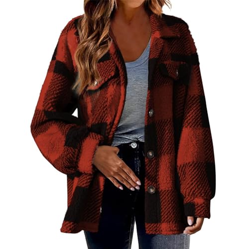 EMATOP Hemdjacke Damen Langarm Kariertes Jacke Casual Sport Flanellhemd Mantel Winter Warm Wollmantel Elegant Revers Übergangsjacke Weich Bequem Fleecejacke Lange Baumwolle Freizeitjacke von EMATOP