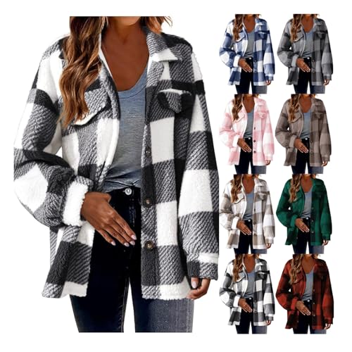 EMATOP Hemdjacke Damen Langarm Kariertes Jacke Casual Sport Flanellhemd Mantel Winter Warm Wollmantel Elegant Revers Übergangsjacke Weich Bequem Fleecejacke Lange Baumwolle Freizeitjacke von EMATOP