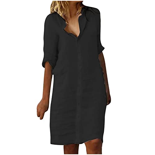 EMATOP Hemdkleid Frauen V-Ausschnitt Halbarm Sommerkleid Elegant Einfarbig Shirtkleid Casual Baumwolle Kurzes Kleid Knielang Leinenkleider Leicht Vintage Freizeitkleider Bequemes Blusenkleid von EMATOP