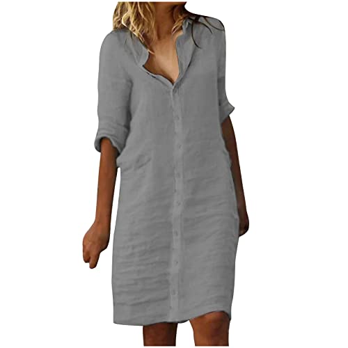 EMATOP Hemdkleid Frauen V-Ausschnitt Halbarm Sommerkleid Elegant Einfarbig Shirtkleid Casual Baumwolle Kurzes Kleid Knielang Leinenkleider Leicht Vintage Freizeitkleider Bequemes Blusenkleid von EMATOP