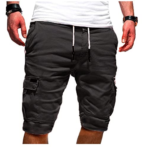 EMATOP Herren Cargo Shorts Baumwolle Kurze Hose Einfarbig Cargohose Bermuda Short mit 6 Taschen Sommerhose Elastischer Bund Sporthose Regulär Fit Freizeithose Laufshorts Männer, 04-dunkelgrau, XL von EMATOP