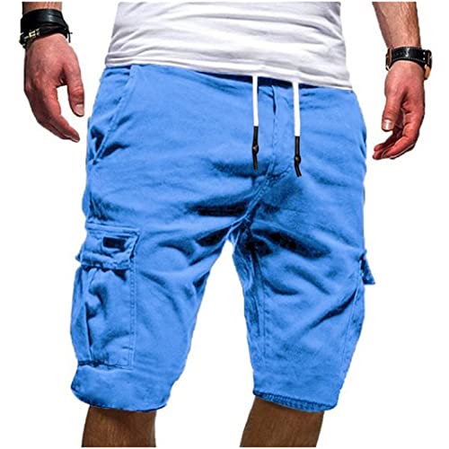 EMATOP Herren Cargo Shorts Baumwolle Kurze Hose Einfarbig Cargohose Bermuda Short mit 6 Taschen Sommerhose Elastischer Bund Sporthose Regulär Fit Laufshorts Männer, 09-himmelblau, XL von EMATOP