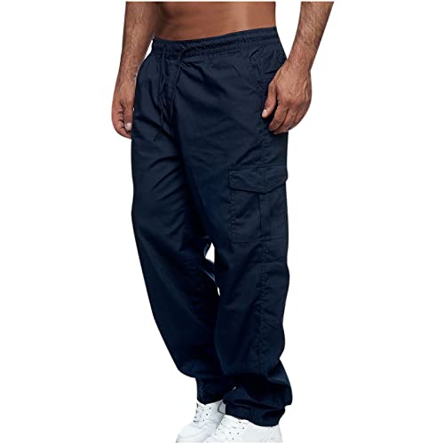 EMATOP Herren Cargohose Baumwolle Lang Cargo Hose Regular Fit Freizeithose Casual Einfarbig Sporthose mit Taschen Outdoorhose Elastische Taille Sweatpants Frühling Wanderhose Trekkinghose von EMATOP