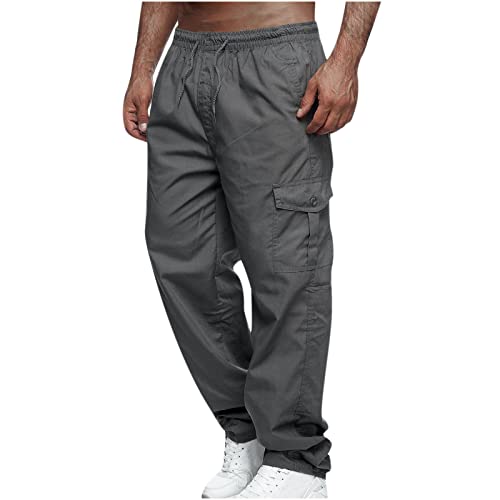 EMATOP Herren Cargohose Baumwolle Lang Cargo Hose Regular Fit Freizeithose Casual Einfarbig Sporthose mit Taschen Outdoorhose Elastische Taille Sweatpants Frühling Wanderhose Trekkinghose von EMATOP