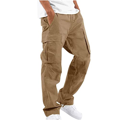 EMATOP Herren Cargohose Baumwolle Lang Cargo Hose Regular Fit Freizeithose Einfarbig Sporthose mit Taschen Outdoorhose Taille Sweatpants Frühling Wanderhose Trekkinghose, XL, 04-khaki von EMATOP